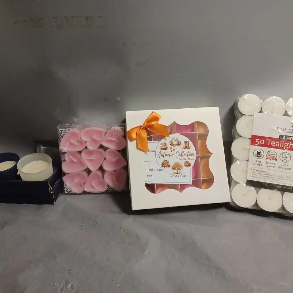 APPROXIMATELY 30 ASSORTED ITEMS TO INCLUDE - 50 TEA LIGHTS , SOY WAX MELTS , HEART TEA LIGHTS ETC