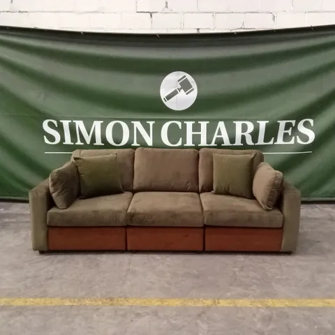 DESIGNER 3 SEATER VELVET SOFA - OLIVE GREEN/RUST