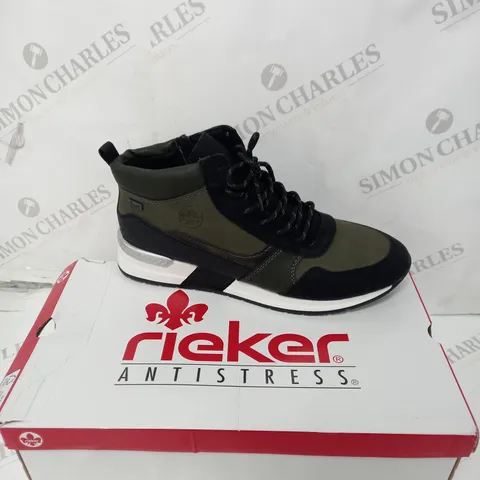 BOXED PAIR OF RIEKER HIGH TOP KHAKI BOOT - SIZE 8 