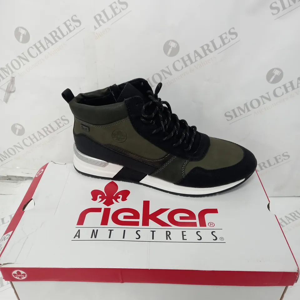 BOXED PAIR OF RIEKER HIGH TOP KHAKI BOOT - SIZE 8 