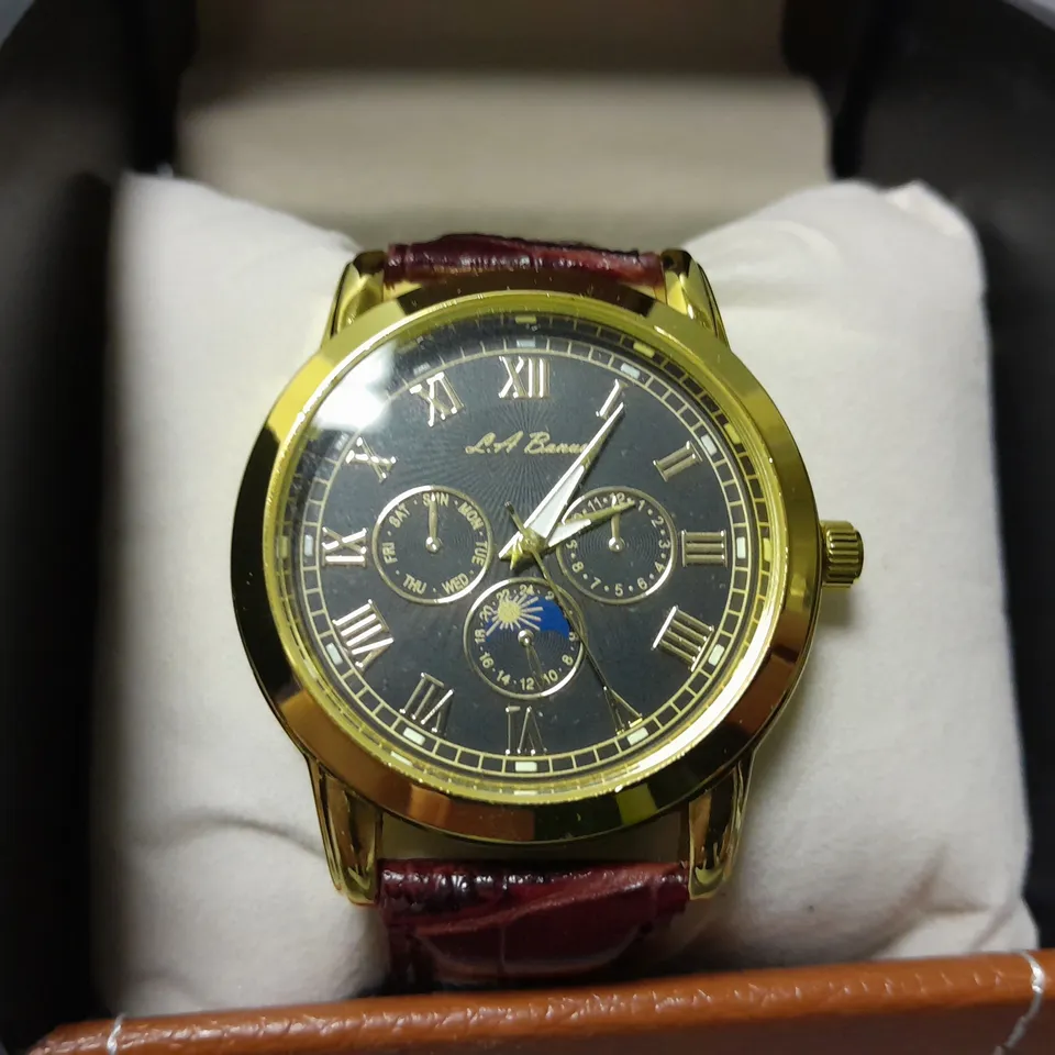 BOXED LA BANUS MENS QUARTZ CHRONOGRAPH WATCH BLACK FACE WITH GOLD DIAL 