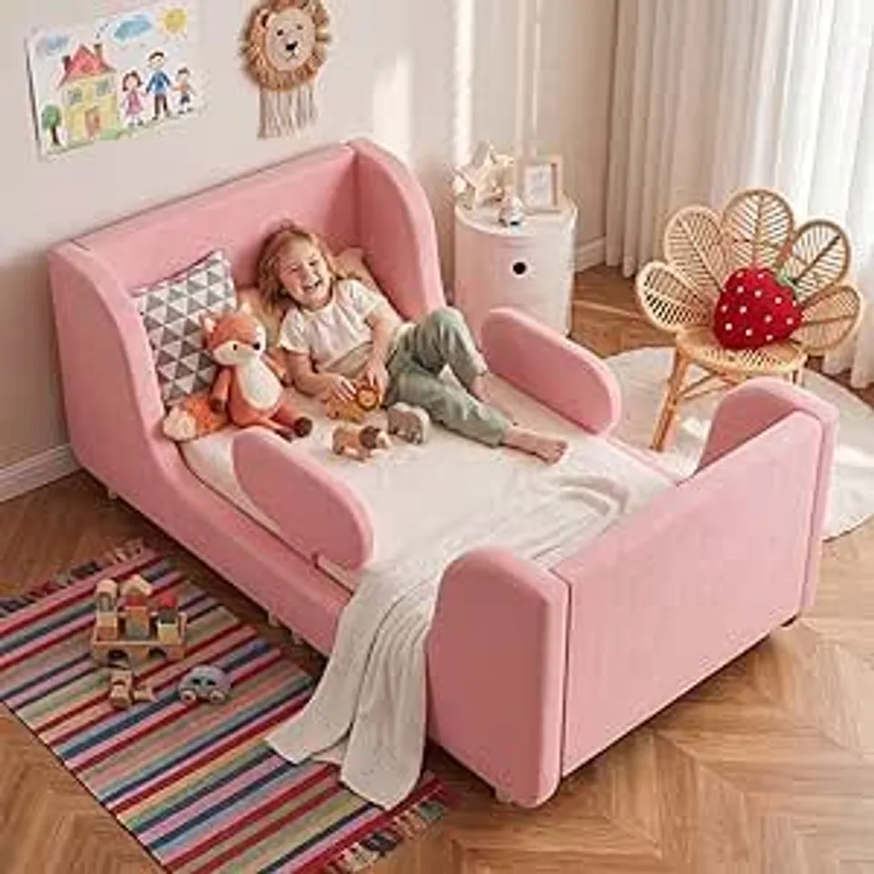 BOXED TODDLER BED, FULLY SOFT PADDED TODDLER FLOOR BED FRAME - PINK (1 BOX)