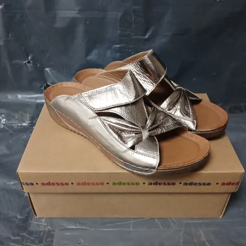 BOXED PAIR OF ADESSO LEXI BOW MULES IN BRONZE COLOUR