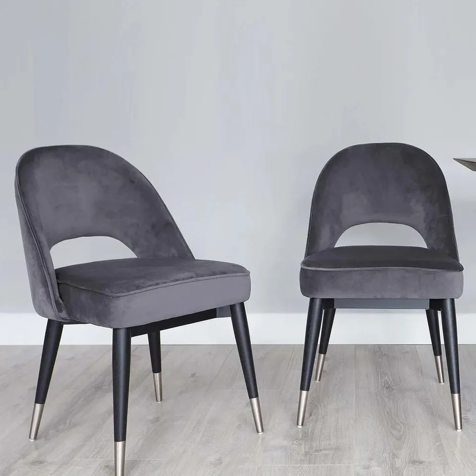 BOXED PAIR OF DANETTI CLOVER DARK GREY VELVET DINING CHAIRS