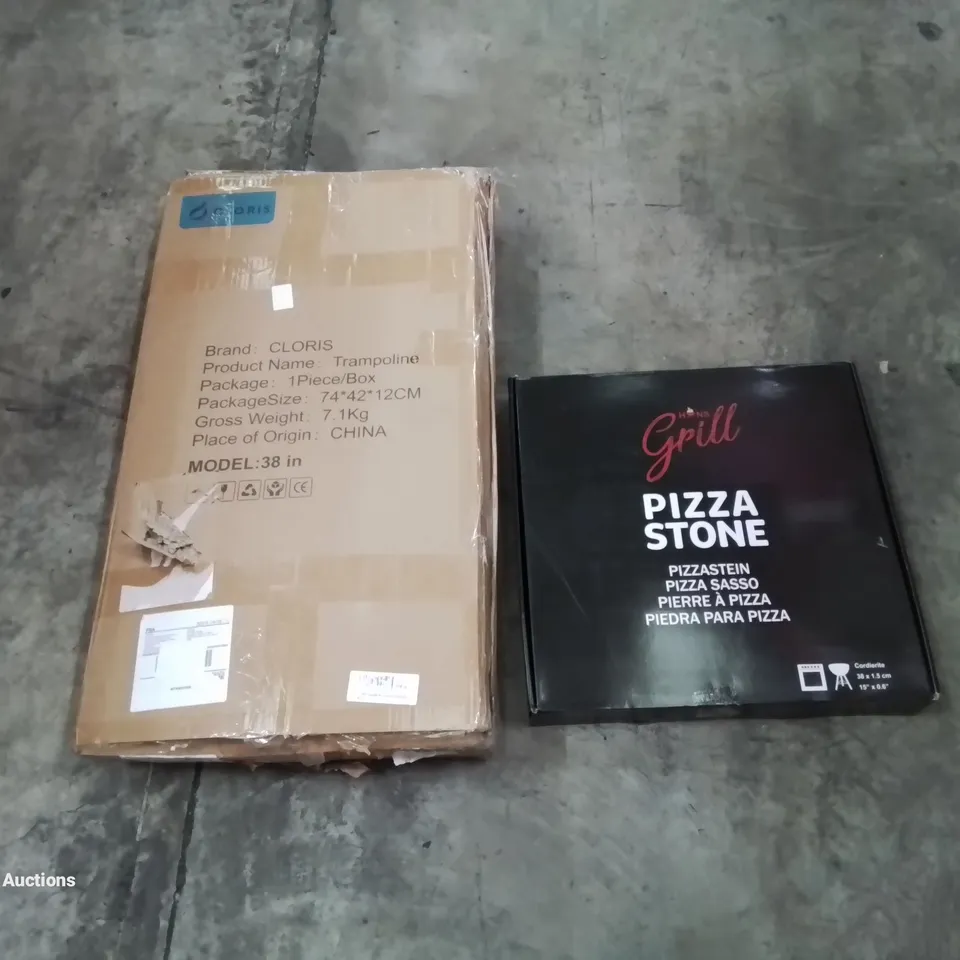 PALLET OF ASSORTED HOUSEHOLD GOODS AND PRODUCTS TO INCLUDE; TRAMPOLINE, PIZZA STONE, BOXED FURNITURE ETC