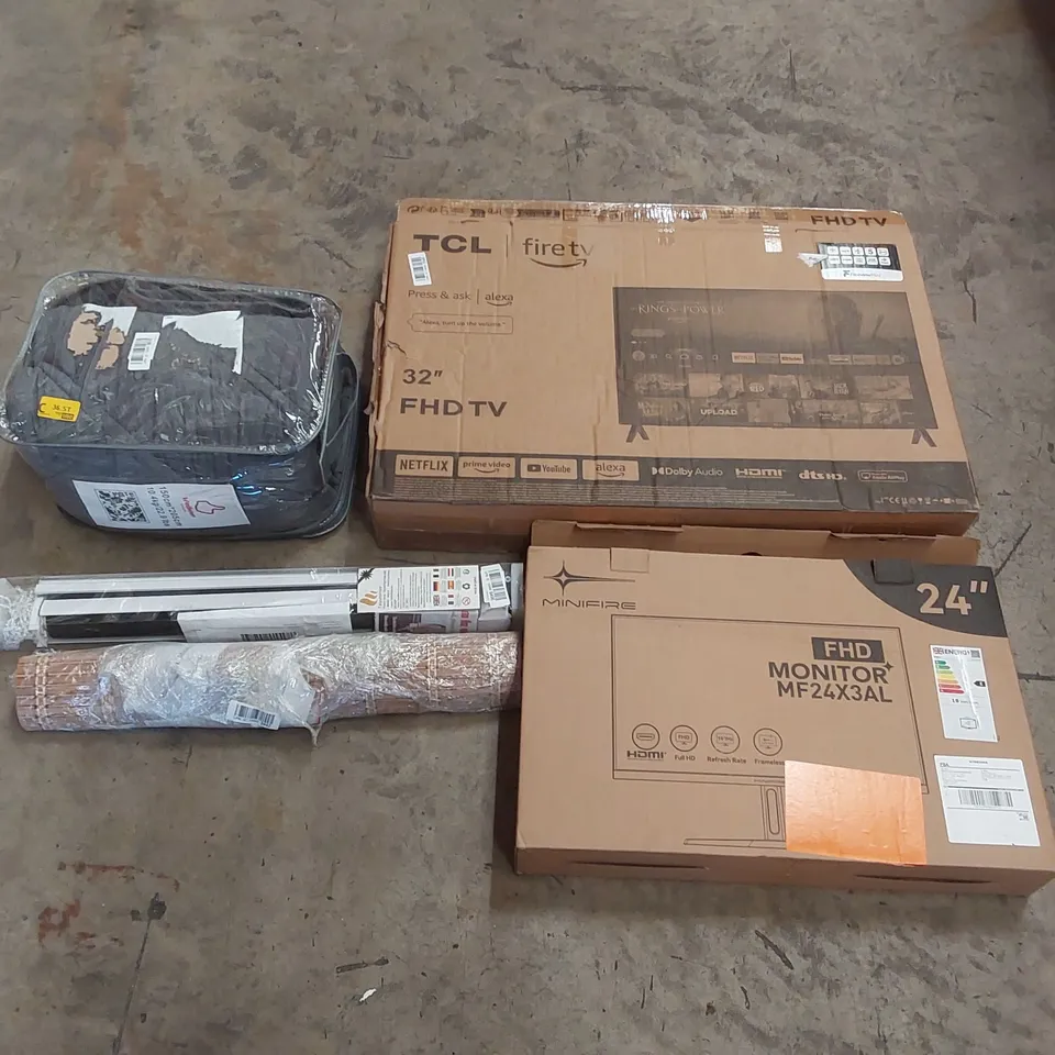 PALLET OF ASSORTED ITEMS INCLUDING: TCL 32" FHD TV, MINIFIRE 24" FHD MONITOR, BAMBOO BLINDS, BLANKET, BLINDS ECT