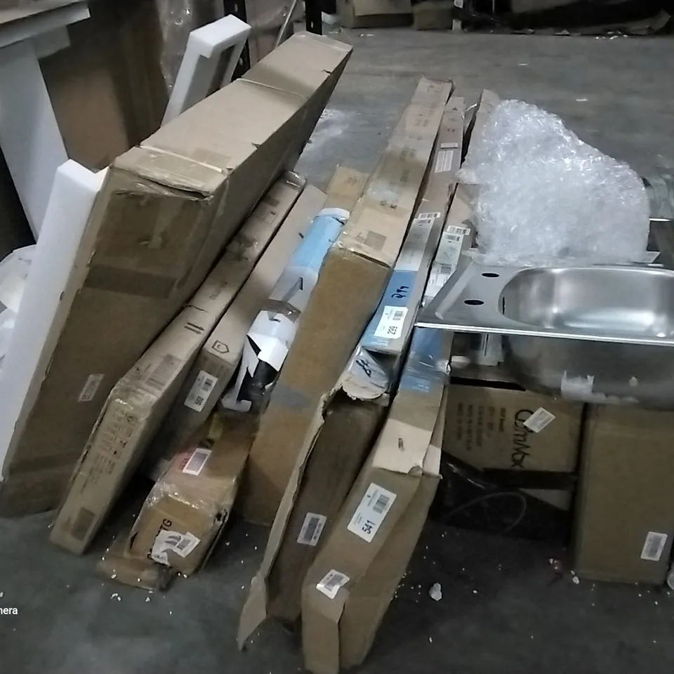 13 ASSORTED FURNITURE PARTS TO INCLUDE A STAINLESS STEEL SINK AND DRAINER, A SHOWER ENCLOSURE AND A TOWEL WARMER