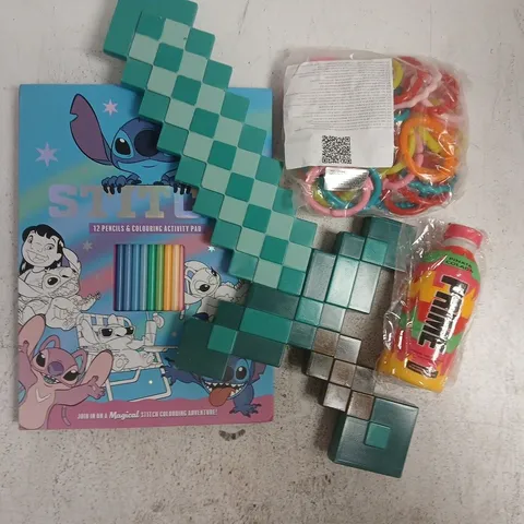 BOX OF APPROXIMATELY 20 ASSORTED TOYS AND GAMES TO INCLUDE MINECRAFT DIAMOND SWORD, STITCH COLOURING ACTIVITY PAD, ETC - COLLECTION ONLY