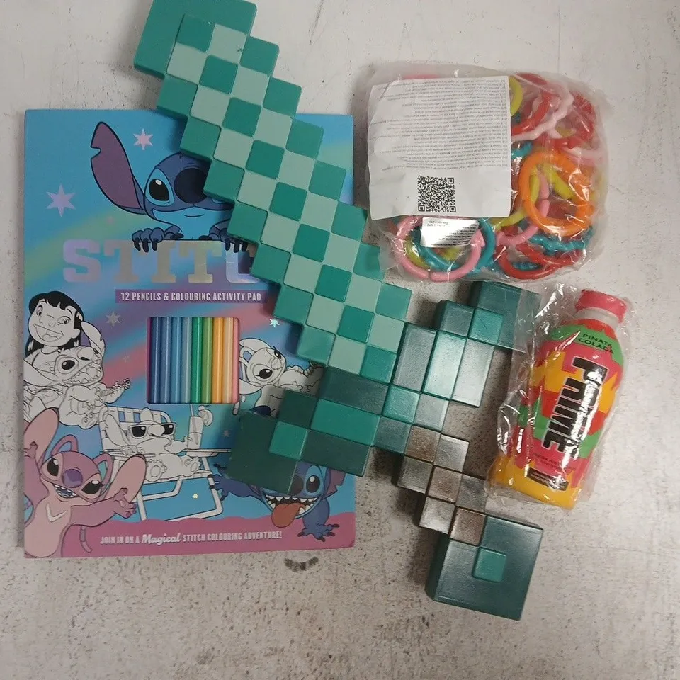 BOX OF APPROXIMATELY 20 ASSORTED TOYS AND GAMES TO INCLUDE MINECRAFT DIAMOND SWORD, STITCH COLOURING ACTIVITY PAD, ETC - COLLECTION ONLY