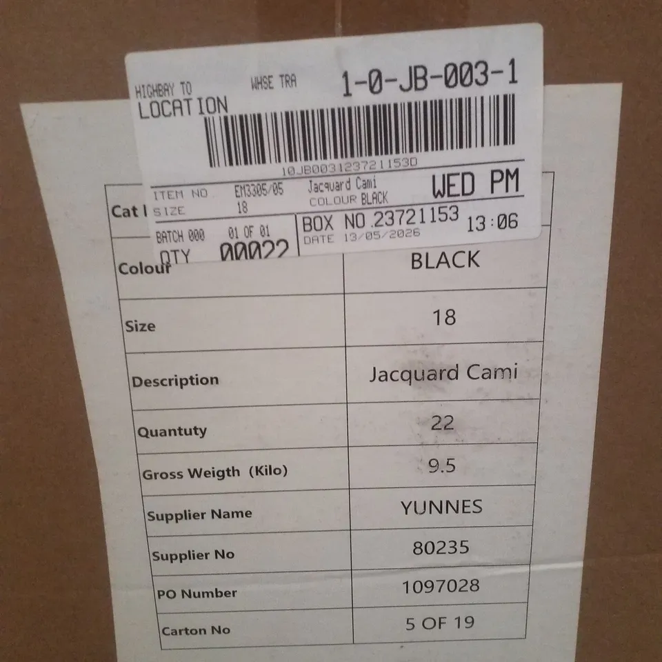 BOX CONTAINING APPROXIMATELY 22 BRAND NEW SIMPLY BE BLACK JACQUARD CAMI TOPS - SIZE 18