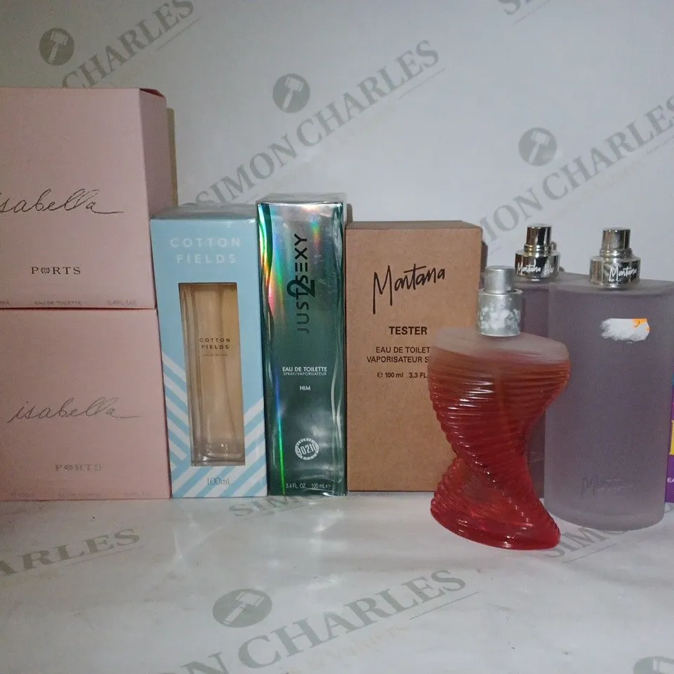 BOX OF APPROX 10 ASSORTED FRAGRANCES TO INCLUDE COTTON FIELDS EAU DE TOILETTE, PORTS ISABELLA EAU DE TOILETTE, MONTANA TESTER EAU DE TOILETTE, ETC