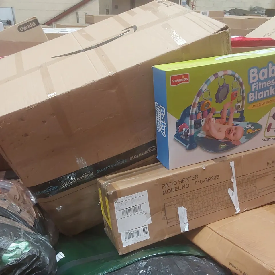 PALLET CONTAINING A LARGE QUANTITY OF ASSORTED ITEMS INCLUDING: PATIO HEATER, BABY FITNESS BLANKET ECT