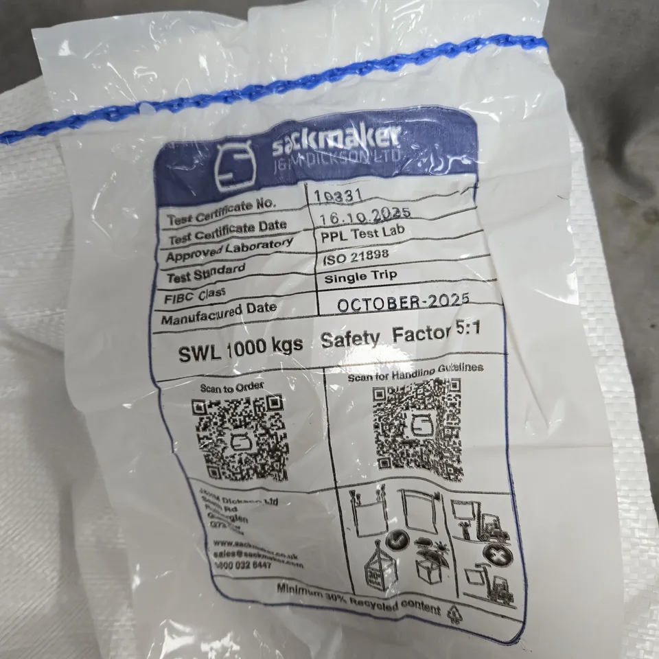 BOX OF APPROXIMATELY 20 SACKMAKER POLYPROPYLENE LIFTING BAG WITH SAFETY TEST LABEL – SWL 1000 KG