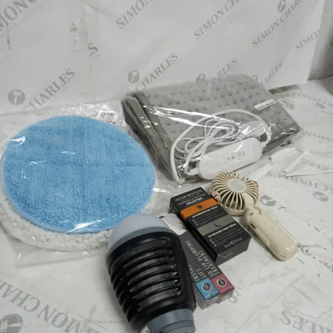 BOX OF APPROXIMATELY 10 ASSORTED ITEMS TO INCLUDE HEATED BLANKET, AM ENERGISER CREAM, HAND FAN