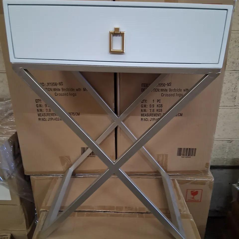 BRAND NEW BOXED HOMESDIRECT365 WHITE BEDSIDE TABLE WITH METAL CROSSED LEGS