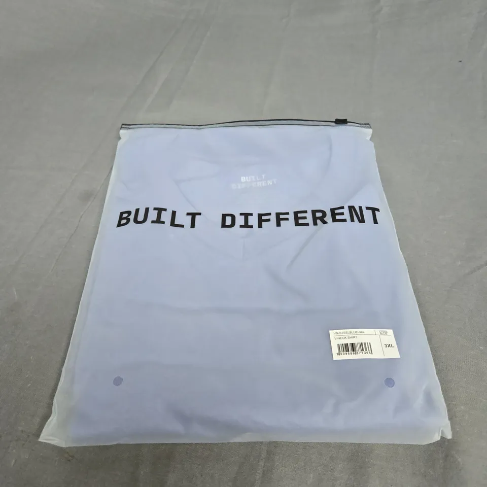 BAGGED BUILT DIFFERENT BLUE V-NECK SHIRT SIZE 3XL