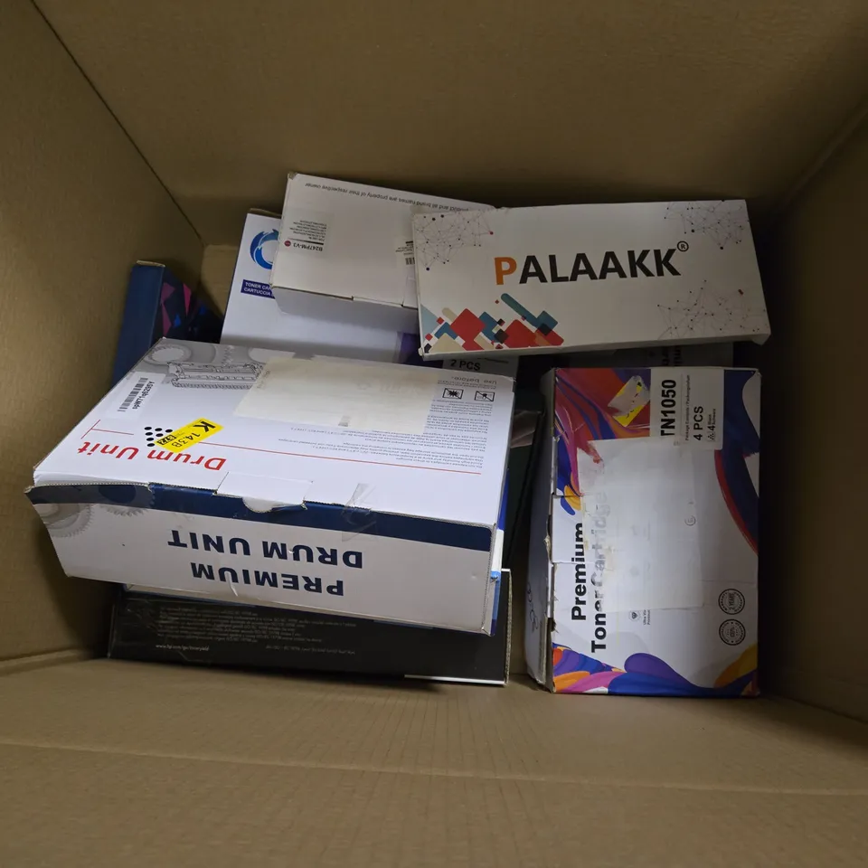 BOX OF APPROXIMATELY 8 PRINTER SUPPLIES TO INCLUDE - INK CARTRIDGE , TONER CARTRIDGE , LASER TONER CARTRIDGE ETC