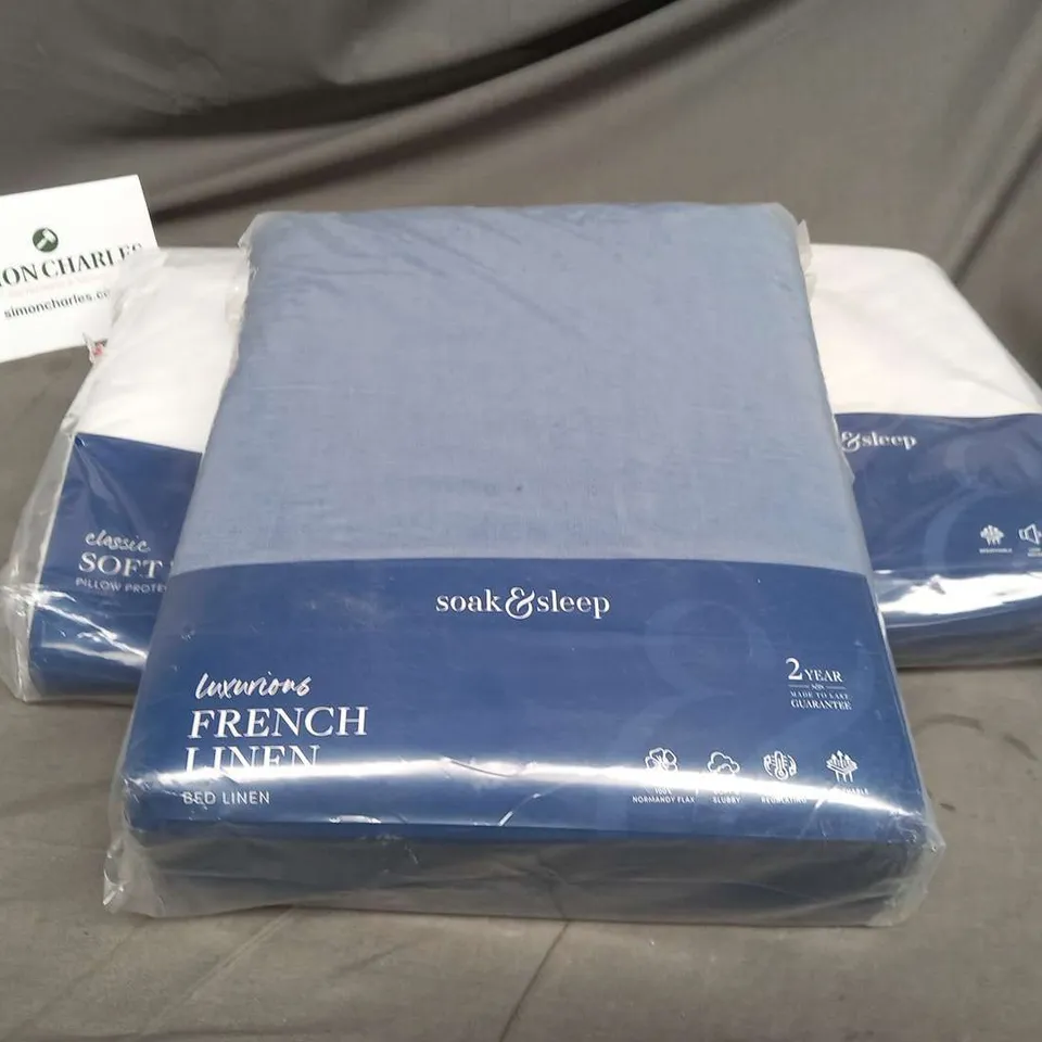 THREE ITEMS OF ASSORTED SOAK AND SLEEP BEDDING TO INCLUDE; FRENCH LINEN AND QUILTED COTTON PILLOW PROTECTOR