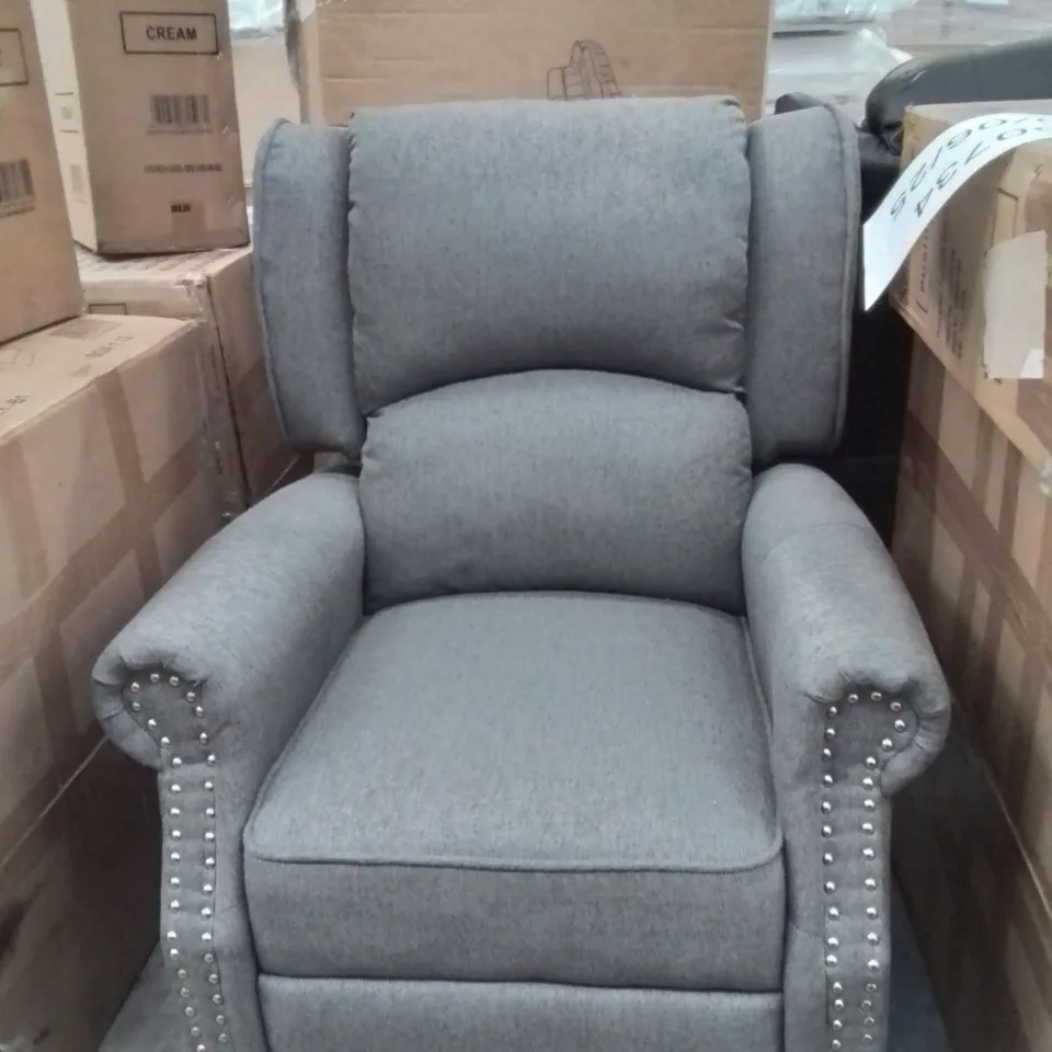 QUALITY DESIGNER GREY FABRIC UPHOLSTERED BUTTON EDGE ARM CHAIR