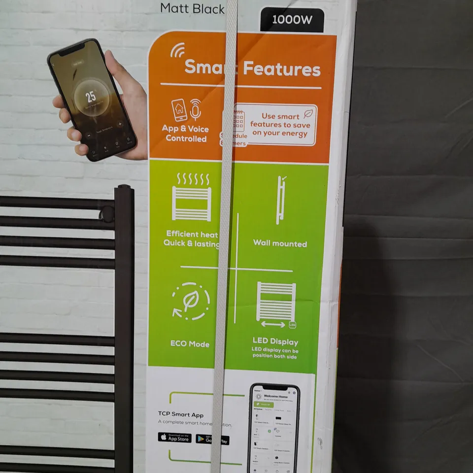BOXED TCP SMART WIFI 1000W TOWEL RADIATOR - MATT BLACK / 1350 X 500 X 75MM