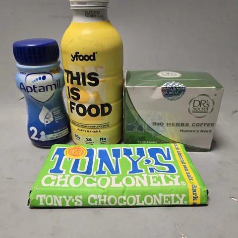 APPROXIMATELY 7 ASSORTED FOOD & DRINK ITEMS TO INCLUDE - TONY'S ALMOND SEA SALT CHOCOLATE BAR , YFOOD BANANA ETC
