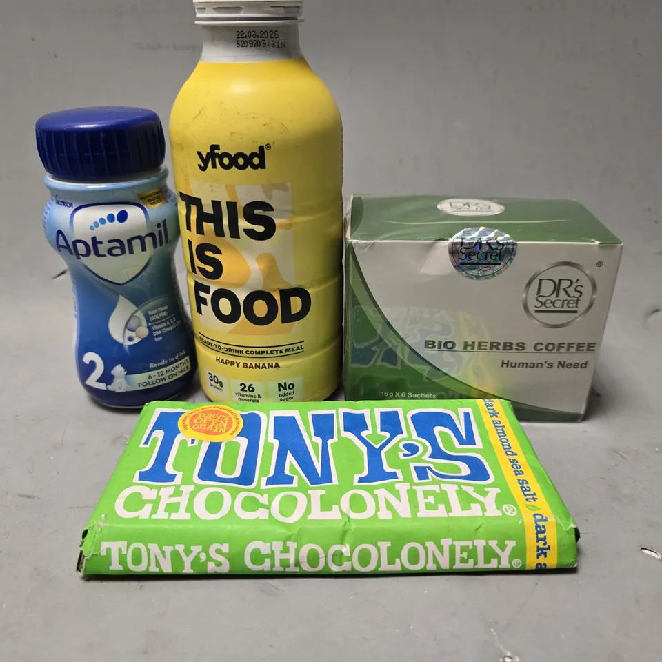 APPROXIMATELY 7 ASSORTED FOOD & DRINK ITEMS TO INCLUDE - TONY'S ALMOND SEA SALT CHOCOLATE BAR , YFOOD BANANA ETC