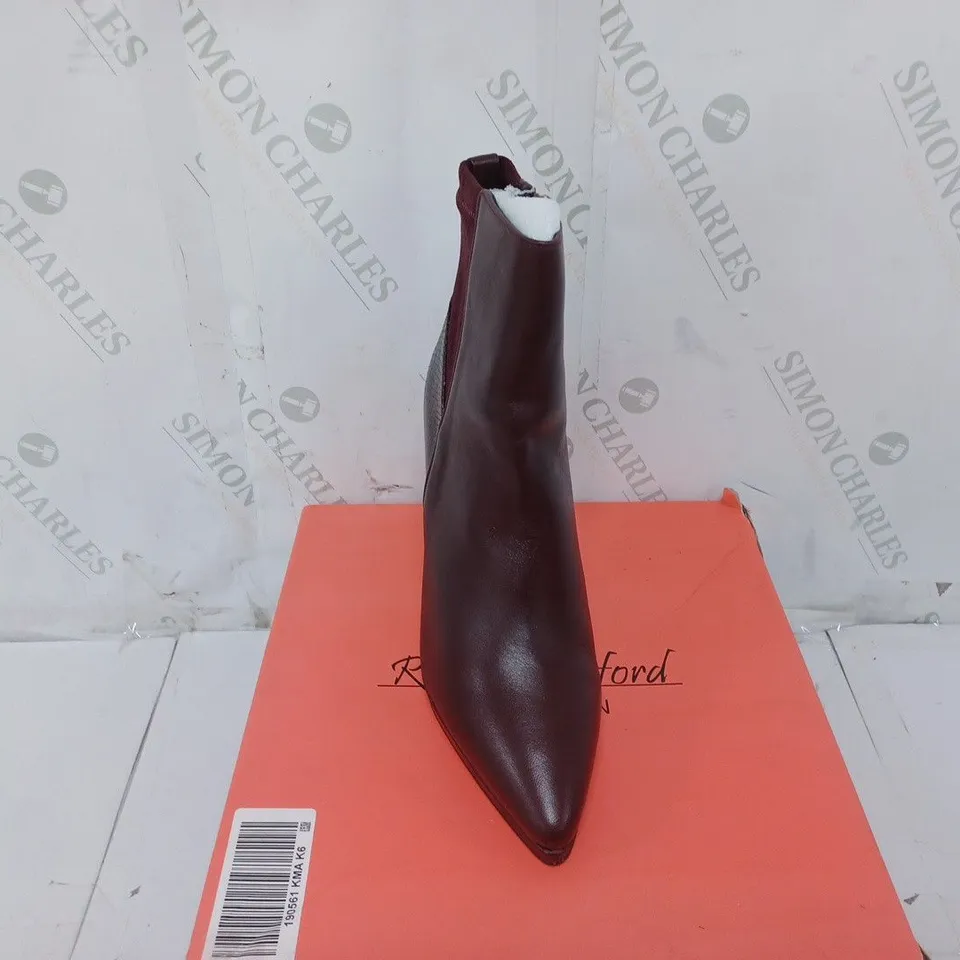 BOXED PAIR OF RUTH LANGSFORD PLATFORM LEATHER ANKLE BOOTS IN BURGUNDY - SIZE 6
