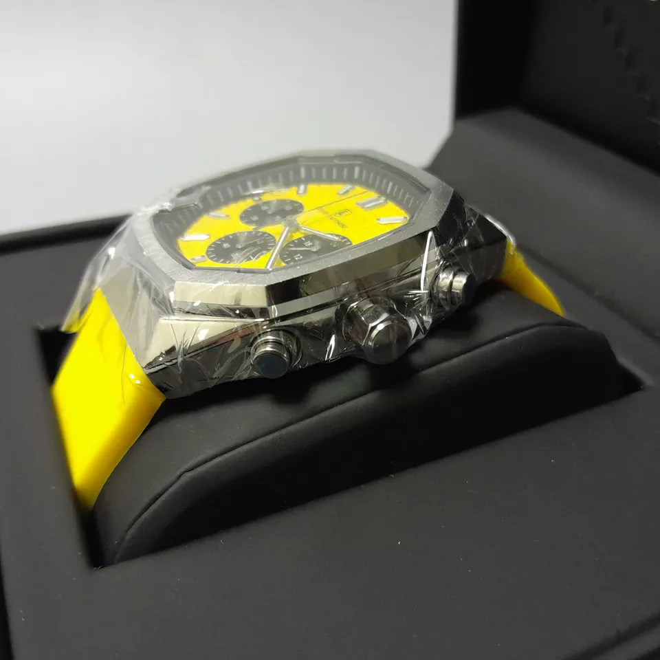 MENS LOUIS LACOMBE YELLOW DIAL CHRONGRAPH WATCH WITH 3 SUB DIALS AND STAINLESS STEEL CASE WITH YELLOW RUBBER STRAP IN GIFT BOX