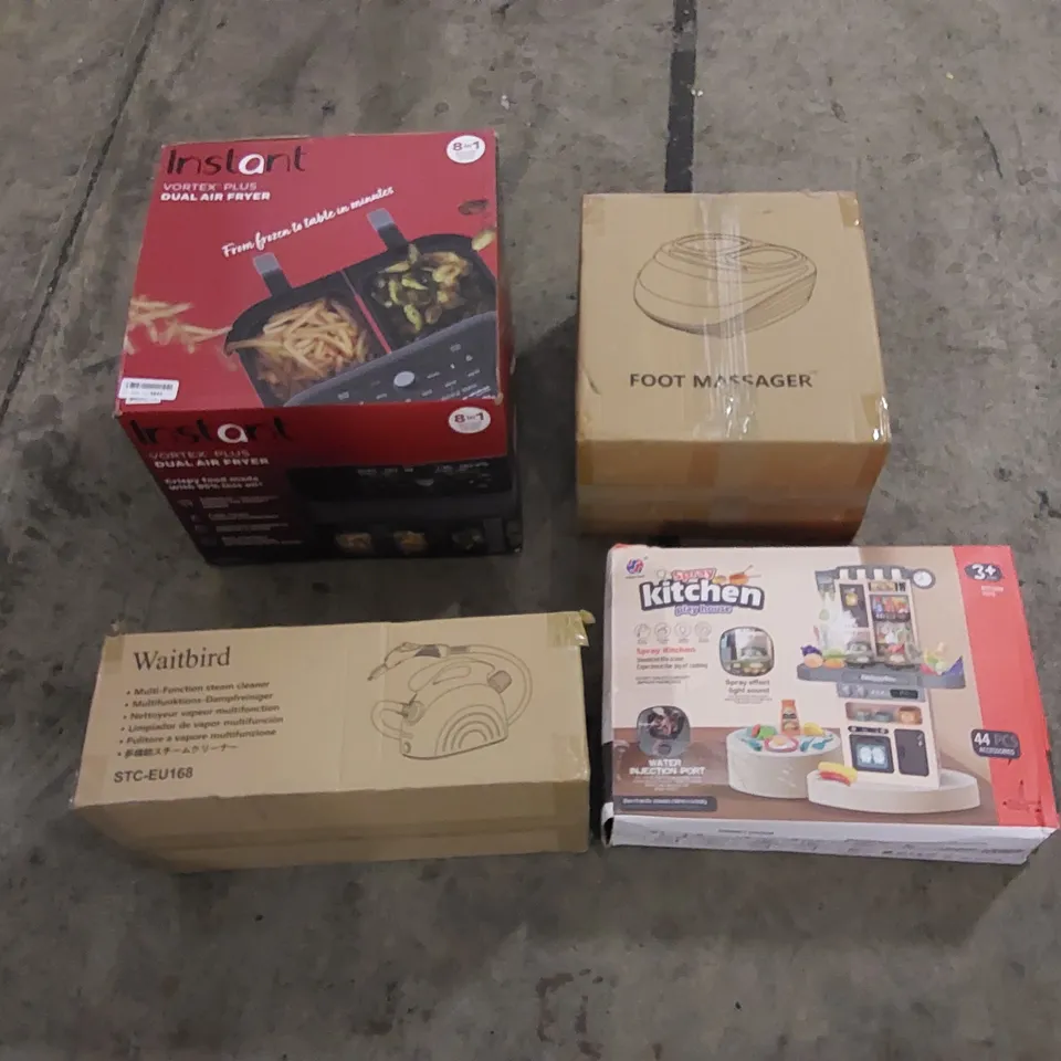 PALLET TO CONTAIN ASSORTED HOUSEHOLD ITEMS AND CONSUMER PRODUCTS. INCLUDING TOYS, FOOT MASSAGERS, DUAL AIR FRYER, STEAM CLEANER, BOXED FURNITURE ETC