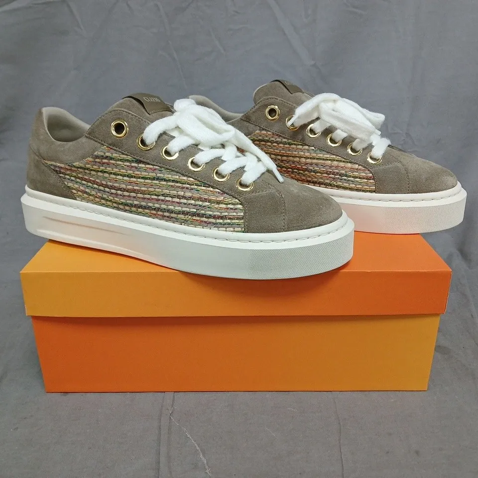 BOXED PAIR OF CLEENS ACE TRAINERS IN TAUPE SIZE UK 10.5