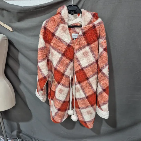 WOMEN'S PLUSH FLEECE HOODED PLAID COAT – ORANGE, CREAM & PINK SIZE LARGE
