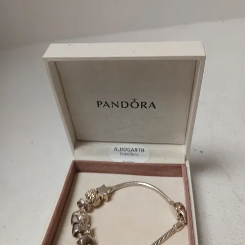 PANDORA CHARM BRACELET WITH ASSORTED CHARMS IN PRESENTATION BOX