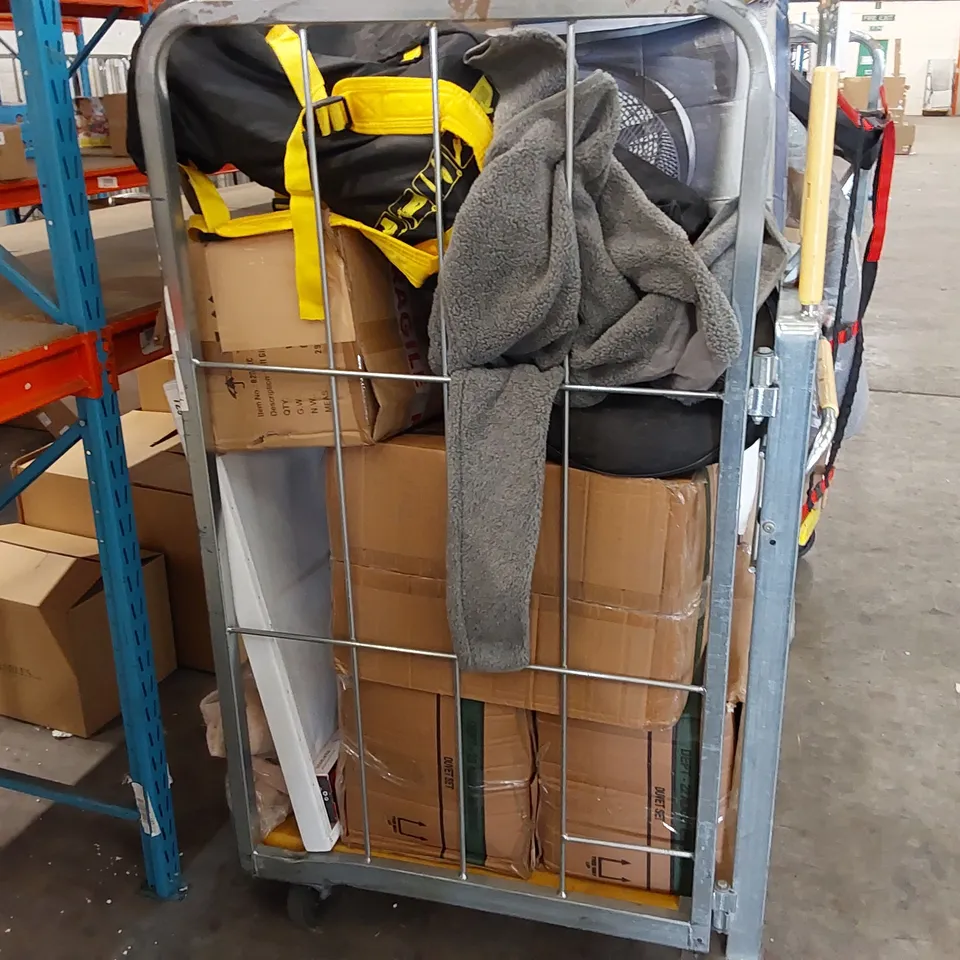 CAGE TO ASSORTED CONSUMER GOODS TO INCLUDE; KAYAK PARTS, CANVAS PAINTING, HIGH VELOCITY FLOOR FAN ECT. (CAGE NOT INCLUDED)