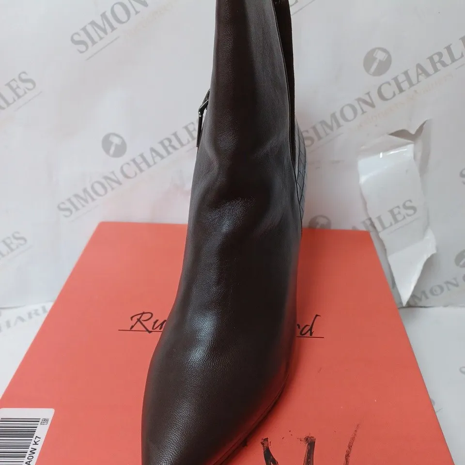 BOXED RUTH LANGSFORD PLATFORM LEATHER ANKLE BOOTS, CHOCOLATE - SIZE 7