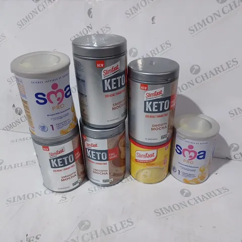 7 ASSORTED ITEMS TO INCLUDE: SLIMFAST BANANA, SLIMFAST SMOOTH MOCHA ETC