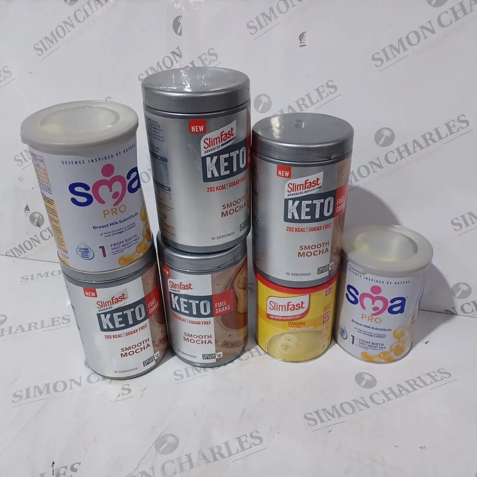 7 ASSORTED ITEMS TO INCLUDE: SLIMFAST BANANA, SLIMFAST SMOOTH MOCHA ETC 