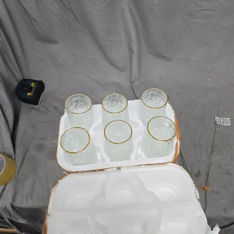 SET OF 6 TEXTURED GLASS TUMBLERS WITH GOLD RIMS