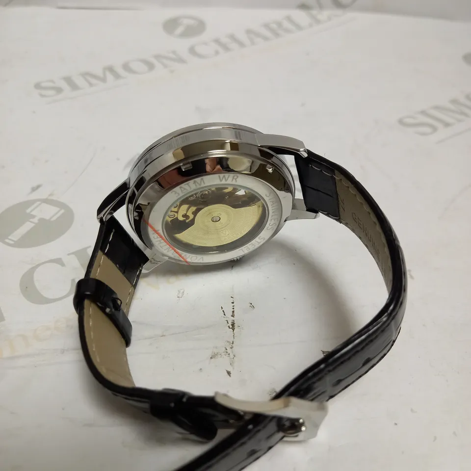 MENS VONLANTHEN AUTOMATIC WATCH – SILVER AND BLUE TEXTURED DIAL - GLASS EXHIBITION BACKCASE – BLACK LEATHER STRAP