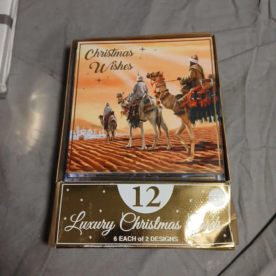 BOX OF ASSORTED HOUSEHOLD ITEMS INCLUDING TOILET SIGN , LUXURY CHRISTMAS CARDS AND HOTEL SUPER KING PILLOW CASE