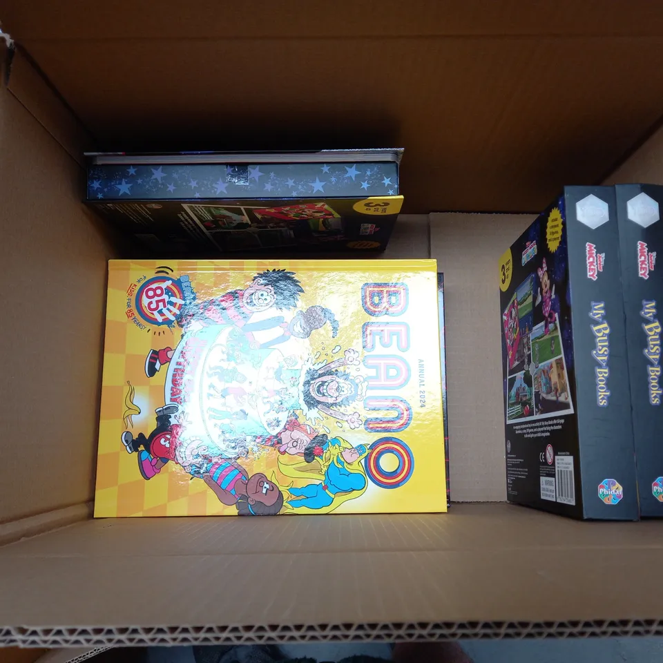 BOX OF APPROXIMATELY 10 ASSORTED BOOKS AND TOYS TO INCLUDE PAW PATROL, BEANO AND TROLLS