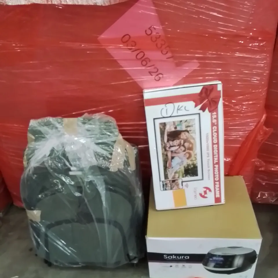PALLET OF ASSORTED HOUSEHOLD GOODS AND PRODUCTS TO INCLUDE;RICE COOKER,DIGITAL PICTURE FRAME,PRAM