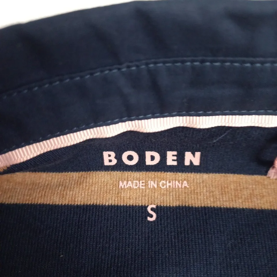 BODEN NAVY & TAN STRIPE POLO SHIRT – WOMEN'S, UK SIZE S (S) MADE IN CHINA