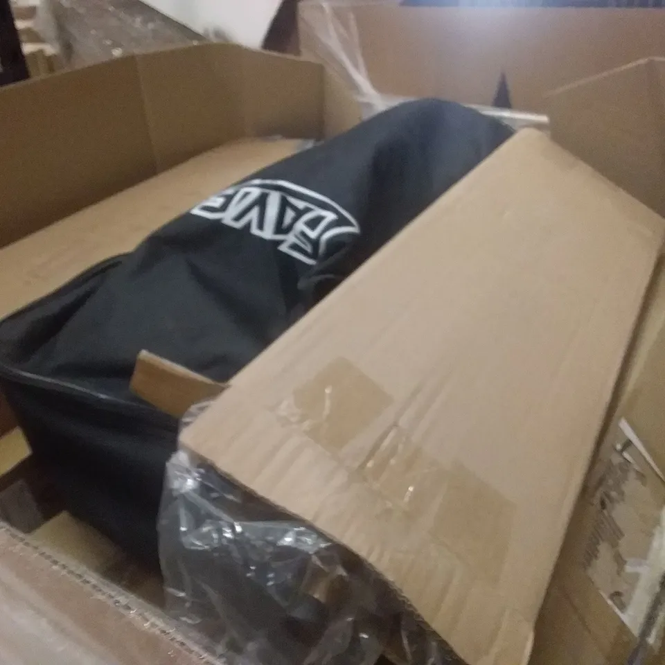 PALLET OF ASSORTED ITEMS INCLUDING INFLATABLE STAND UP PADDLE BOARD, CLAMP STAND, METAL ARCH KIT FOR BALLOONS, SHORT STOOL 