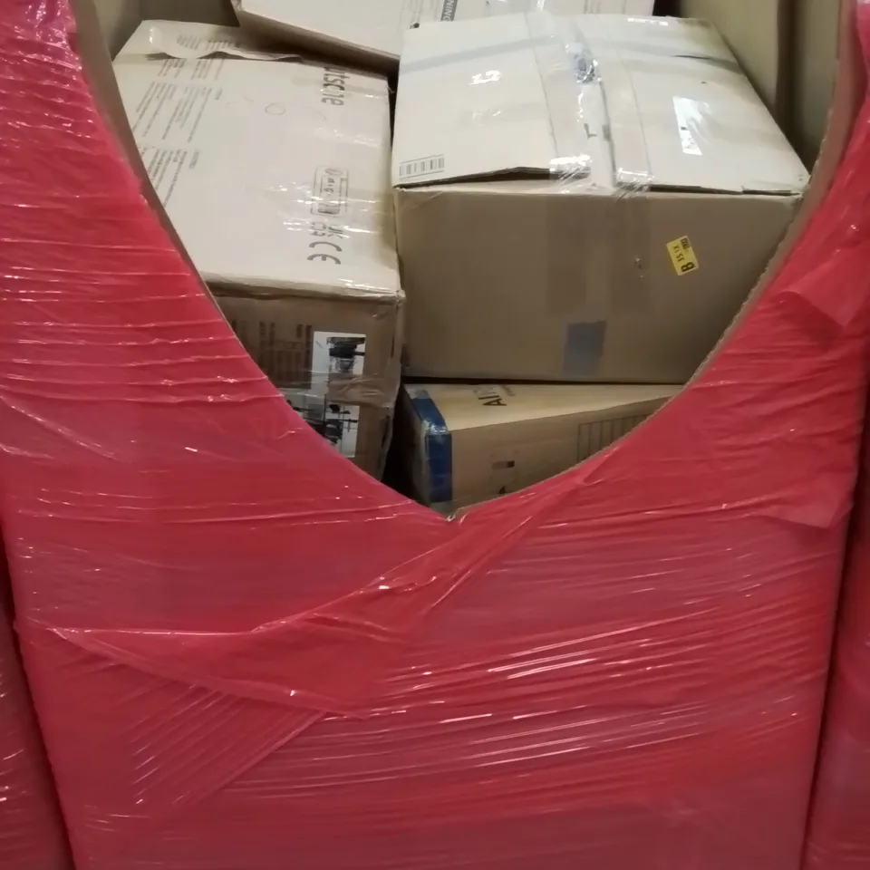 PALLET CONTAINING VARIOUS ASSORTED BOXED HOUSEHOLD ITEMS TO INCLUDE: DOG POTTY SYSTEM, WALL MIRROR, AIR COOLER AND LOTS MORE UNMARKED BOXED ITEMS 