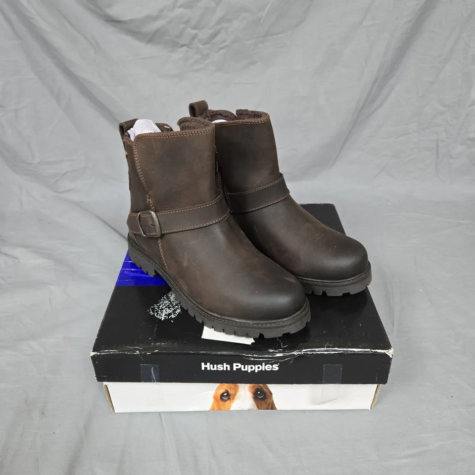 HUSH PUPPIES BROWN LEATHER ANKLE BOOT – BUCKLE STRAP. UK SIZE 5