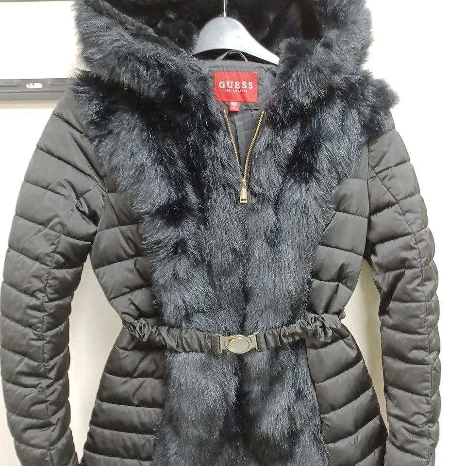 GUESS TWO TEXTURE BLACK PADDED COAT IN BLACK - L
