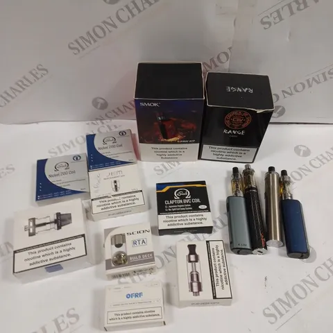 APPROXIMATELY 15 ASSORTED E-CIG PRODUCTS TO INCLUDE SMOK T-PRIV KIT, COIL PACKS, THE COUNCIL OF VAPOR RANGE ETC