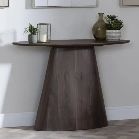 BOXED PALMA WALNUT OVAL CONSOLE TABLE (2 BOXES)