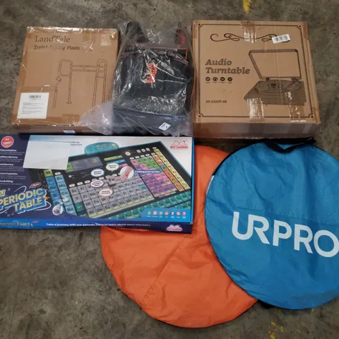 PALLET CONTAINING ASSORTED PRODUCTS INCLUDING TOILET SAFETY RAILS, AUDIO TURNTABLE, TOOL BAG, PERIODIC TABLE & POP UP TENTS
