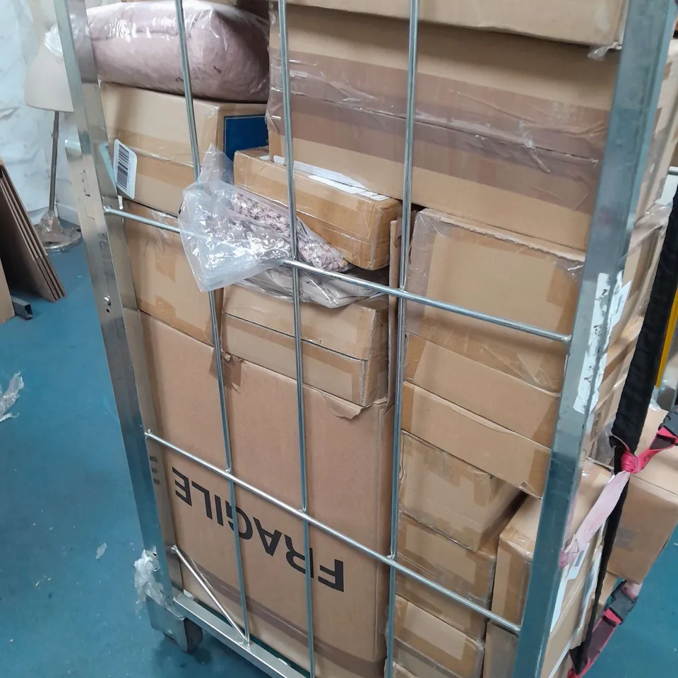 CAGE OF ASSORTED HOMEWARE GOODS TO INCLUDE CANDLE SET , CLOTHING ITEMS , TOOL KITS , ETC 